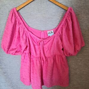 Future Collective Women's Square Neck Tie Puffed Short Sleeve Top Pink Medium